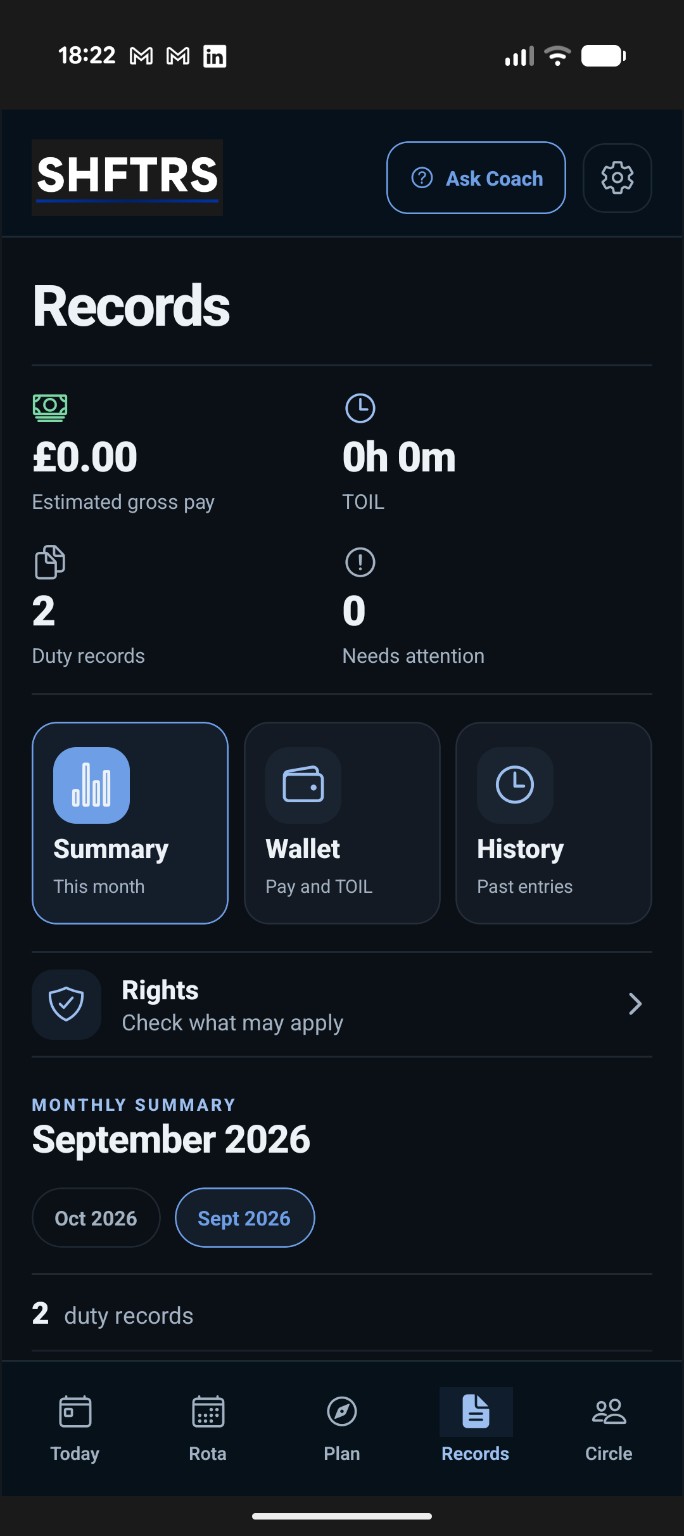 SHFTRS duty records summary