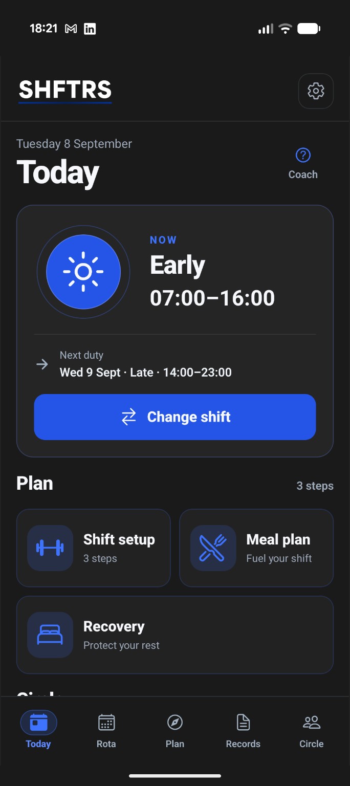 SHFTRS Today screen showing an early shift and planning tools