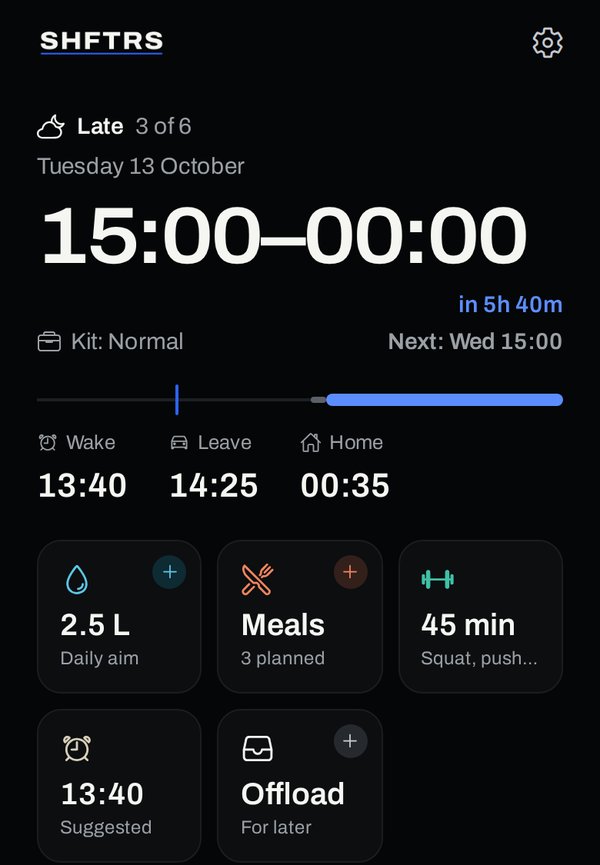 The SHFTRS Today screen on a late shift, 15:00 to midnight, starting in 5 hours 40 minutes: wake at 13:40, leave at 14:25, home at 00:35, and tiles for water, meals, a 45-minute training session, the alarm and Offload.
